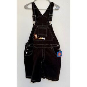 Looney Tunes Black Denim Overalls Shorts Embroidered‎ Taz Bugs Bunny Tweety L